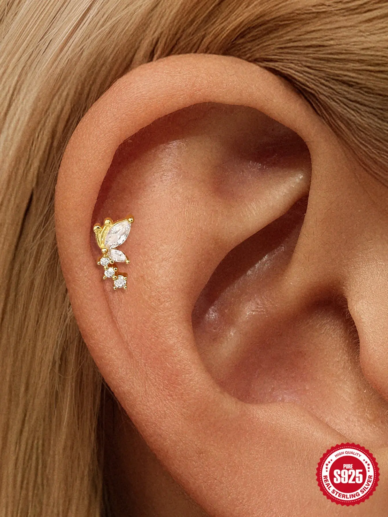 1Pc 18K Gold Plated S925 Silver Flat Back Stud, True to Size Comfortable Marquise CZ Dragonfly Earring, Non-Tarnish Hypoallergenic Y2K Bling Rhinestone Accessories, Tarnish Free Curated Ear Hypoallergenic Earrings