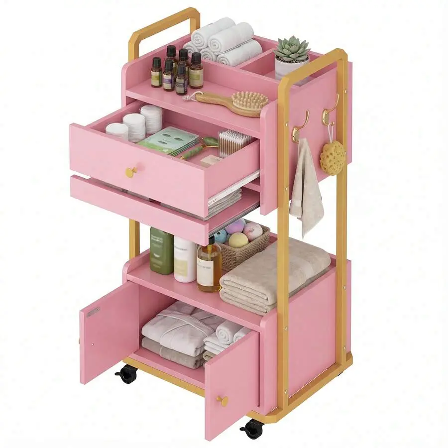 Salon Cart With Drawer, Hooks & Pull-Out Tray, Mobile Esthetician Cart Beauty Trolley With Storage Cabinet Home,, Skincare & Facial Use