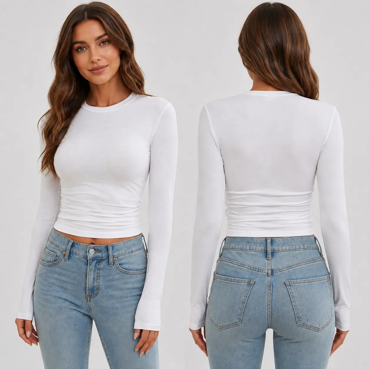 Women's Longsleeves Slim Fit Round Neck Polyester Top - Solid Color Ruched-Waist Basic Layering Tee for Casual, Work, Fall/Winter, Black/White, S-XXL (Pairs with Skirts, Jackets)