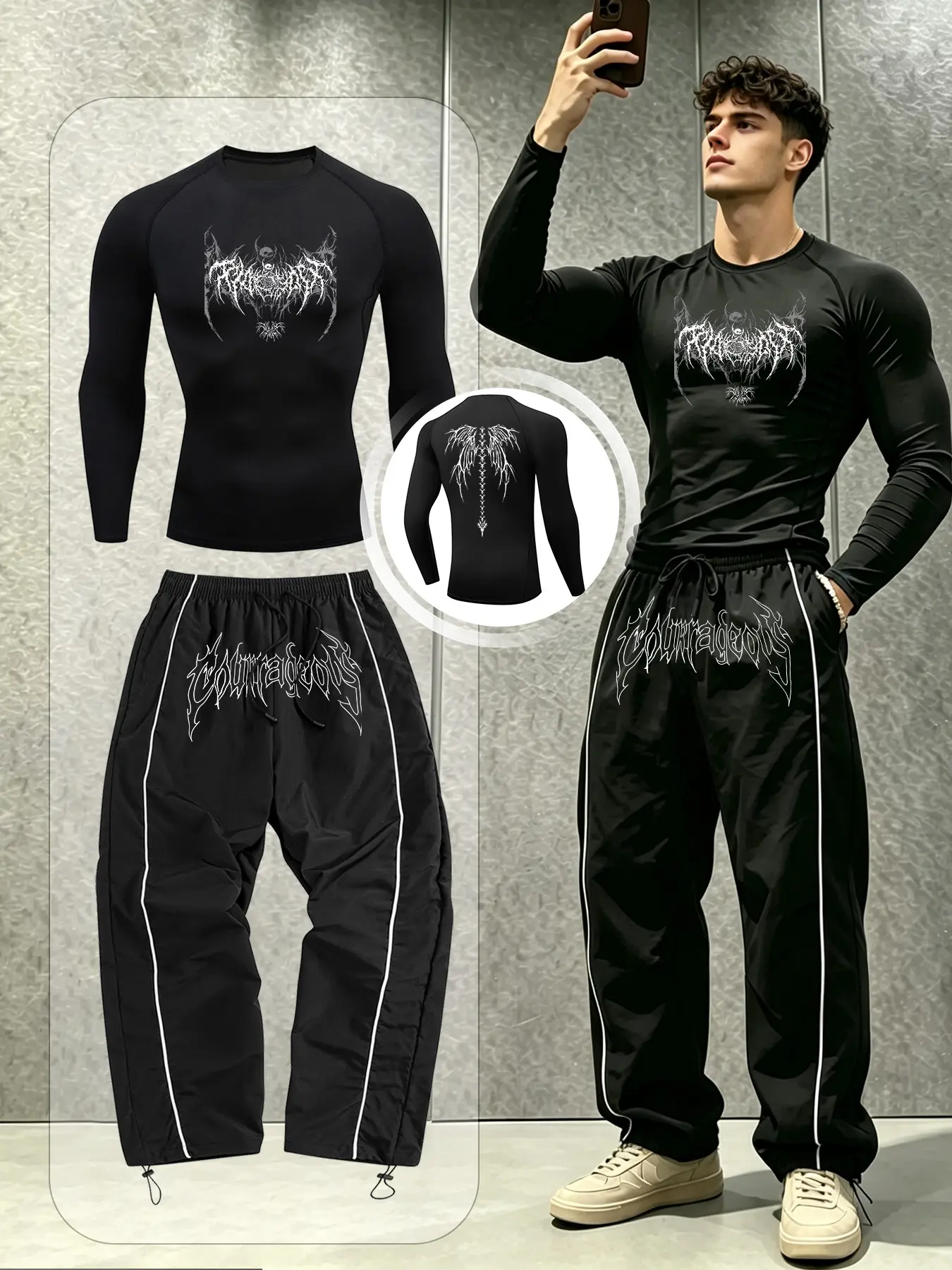 Men's Two-Piece Fitness Set, Stretch Quick-Dry Training Wear, Thorn Print, Fitted Long Sleeve Top with Loose Ankle Pants, Ideal for Gym, Running, Cycling, Gym Clothes Set, Workout Outfits