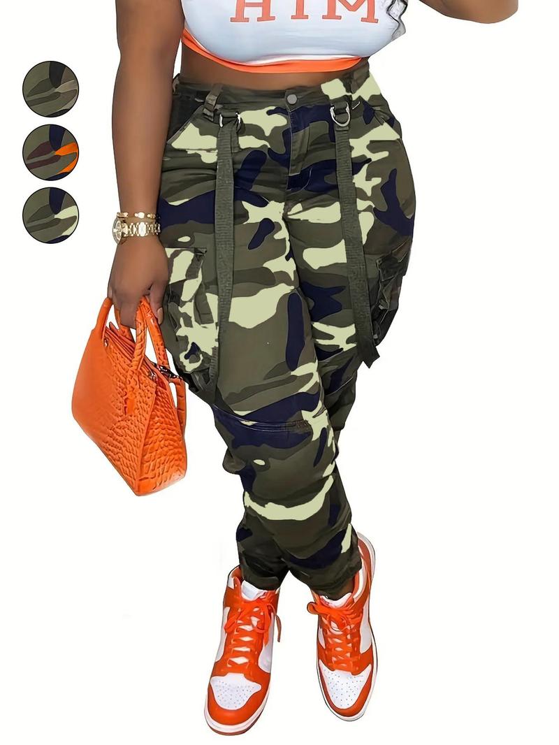 Women's Print Flap Pocket Cargo Pants, Casual Chic Trousers, Casual Streetwear Button Trousers for Daily Wear, Ladies Bottoms for All Seasons