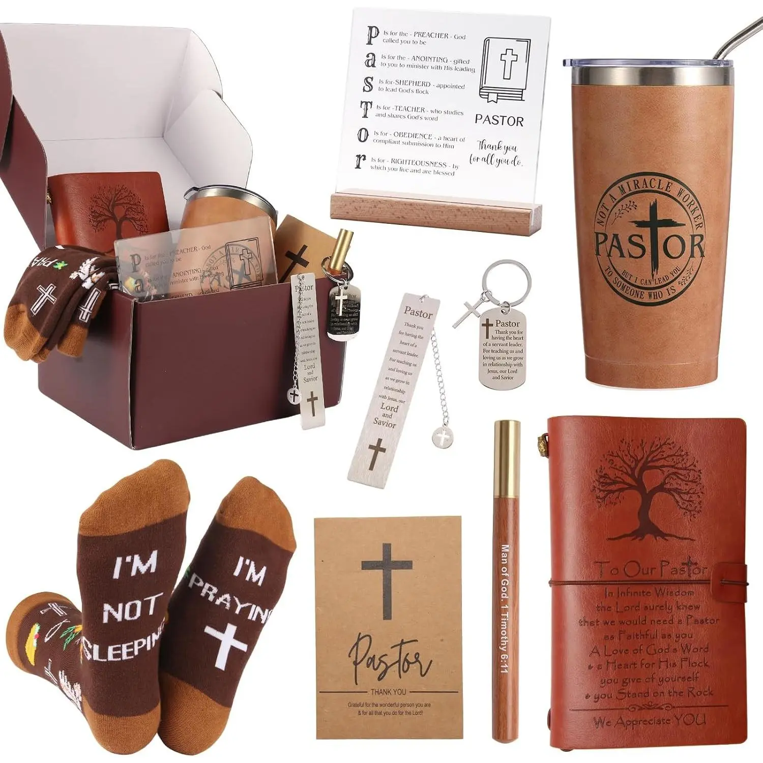Pastor Appreciation Gifts for Men - Unique Christian Pastor Gift Set Including Leather Journal, Tumbler, Keychain, Socks, Acrylic Medal, Pen, Bookmarks & Card for Birthday and ChristmasGift