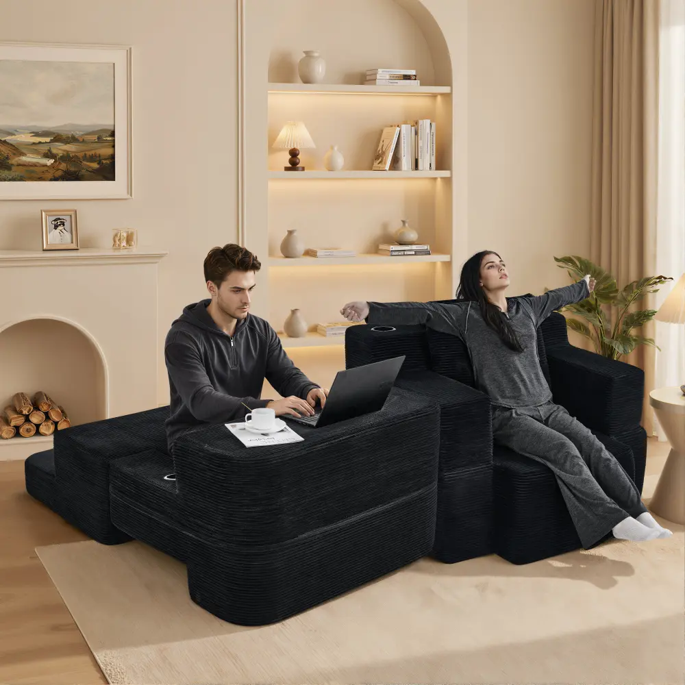 Littleox Multi-Functional Single Compression Sofa, Convertible into Computer Desk & Simple Office Desk, Corduroy Upholstery, Comfortable Seating, Ideal for Office Workers