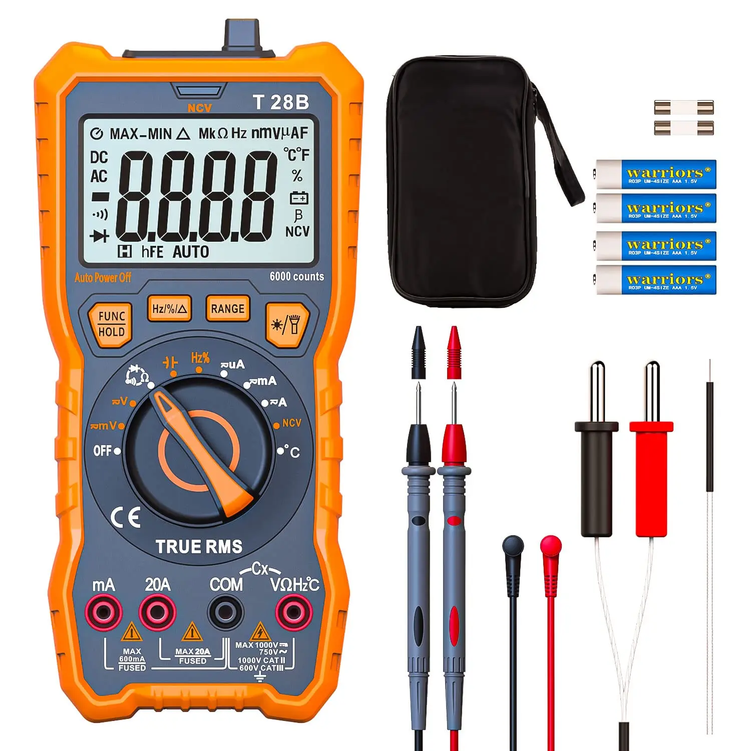 True RMS Digital Multimeter Tester, Auto-Ranging AC DC 20A Ohmmeter 1000V Voltmeter with NCV, Measure  Current Amp Resistance Diode Continuity Duty-Cycle Capacitance Temperature, for  Auto
