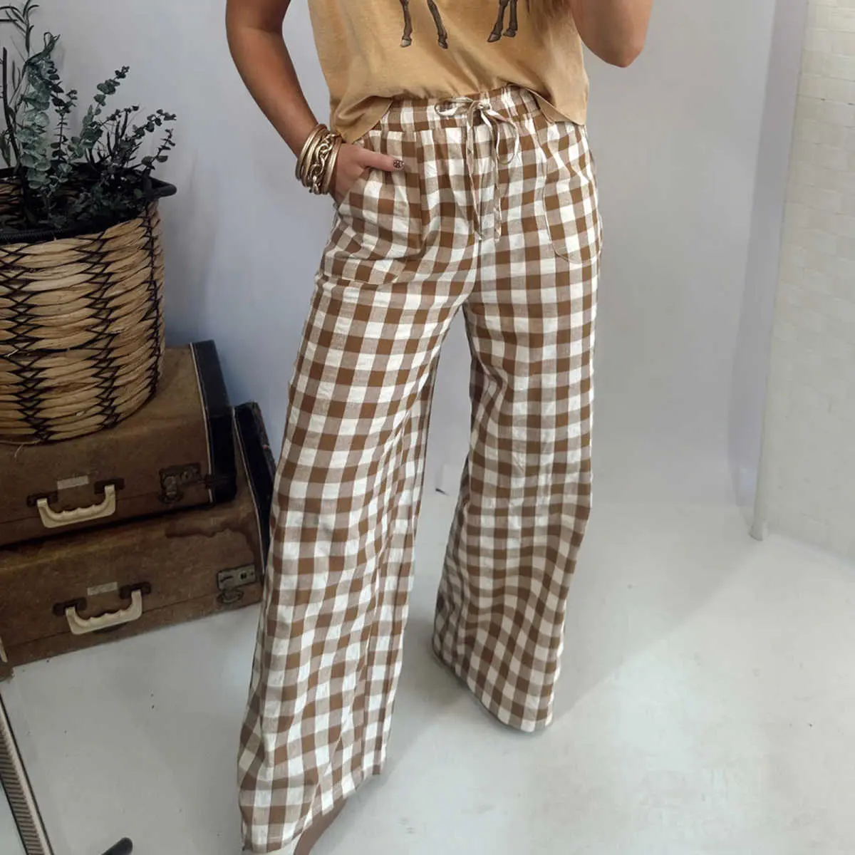 Women's Gingham Plaid Drawstring Waist Pants, Elastic Waist Loose Fit Casual Pants
