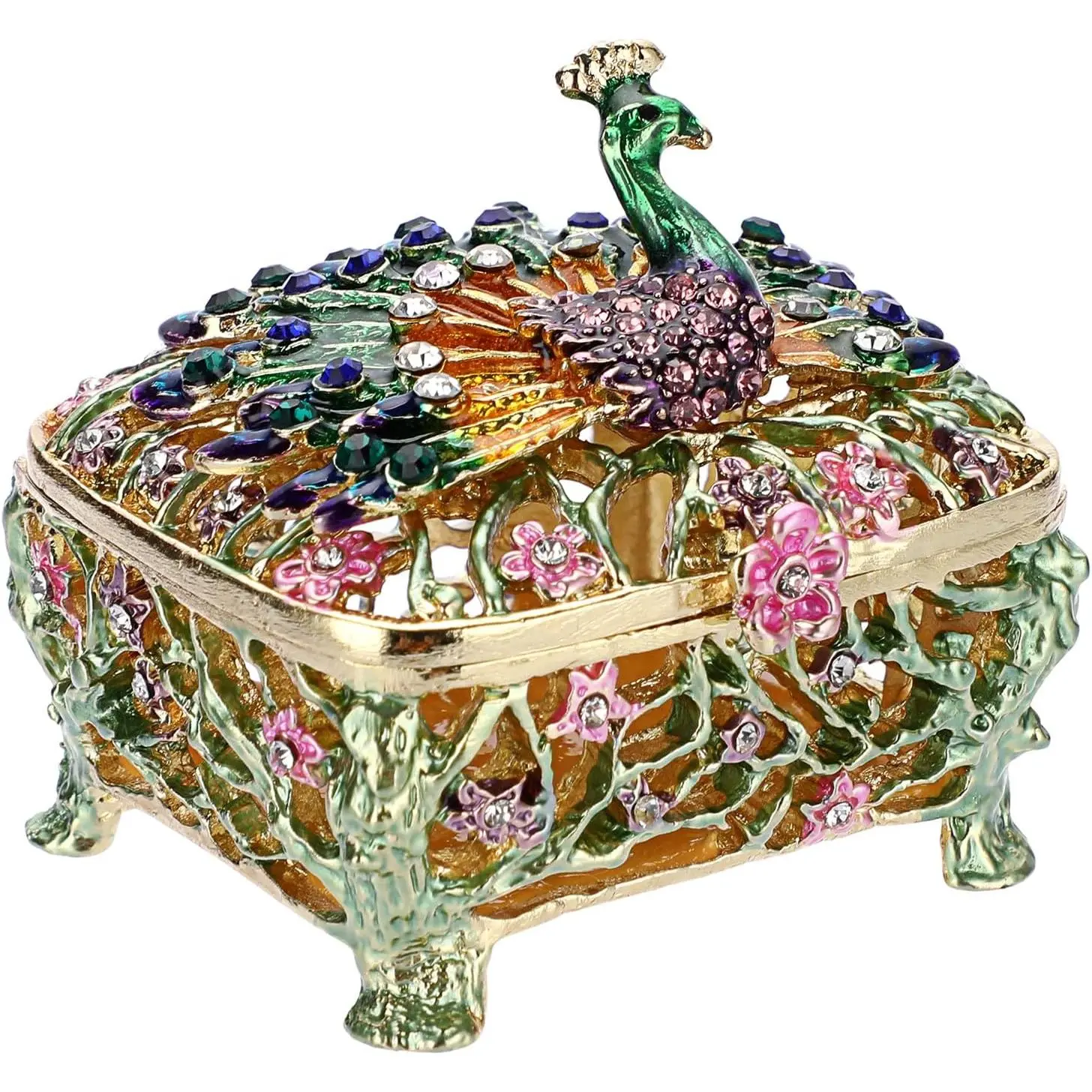 Mini Peacock Trinket Box, Vintage Metal Enameled Decorative Box Ring Earrings Jewelry Organizer Gift Box for Girl Women