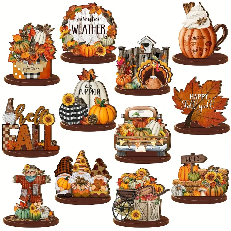 2D Flat - 12pcs of 2D Autumn Table Decorations, Layered Tray Decor for Fall, Thanksgiving Centerpiece, Autumn Scarecrow, Maple Turkey, Wooden Signs, Thanksgiving Layered Tray Decor, No Electricity Required.