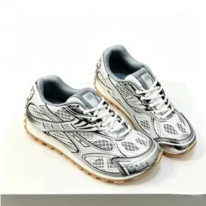 Chrome-Silver Hollow Grid Retro Runner Sneakers | Lightweight Cushioned Midsole, Wear-Resistant Gum Outsole Unisex Street Shoes