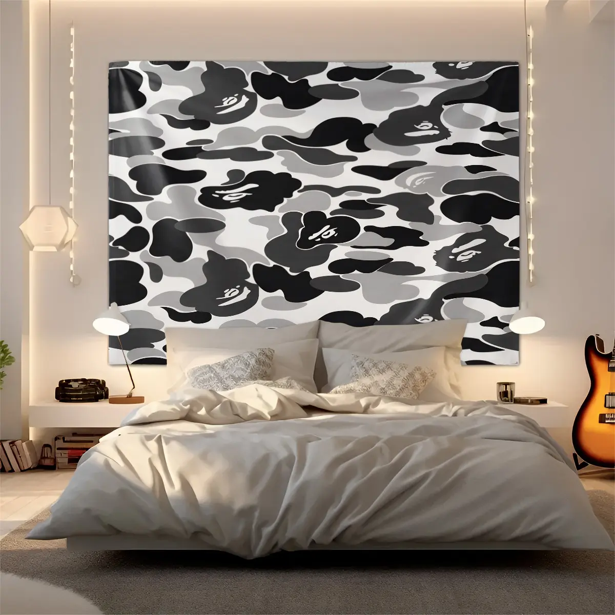 Fashion Camo Print Wall Tapestry, Hip Hop Full Print Ape Face Pattern, Cartoon Cool Wall Hanging Cloth, Unique Background Textile For Bedroom Game Room Decor