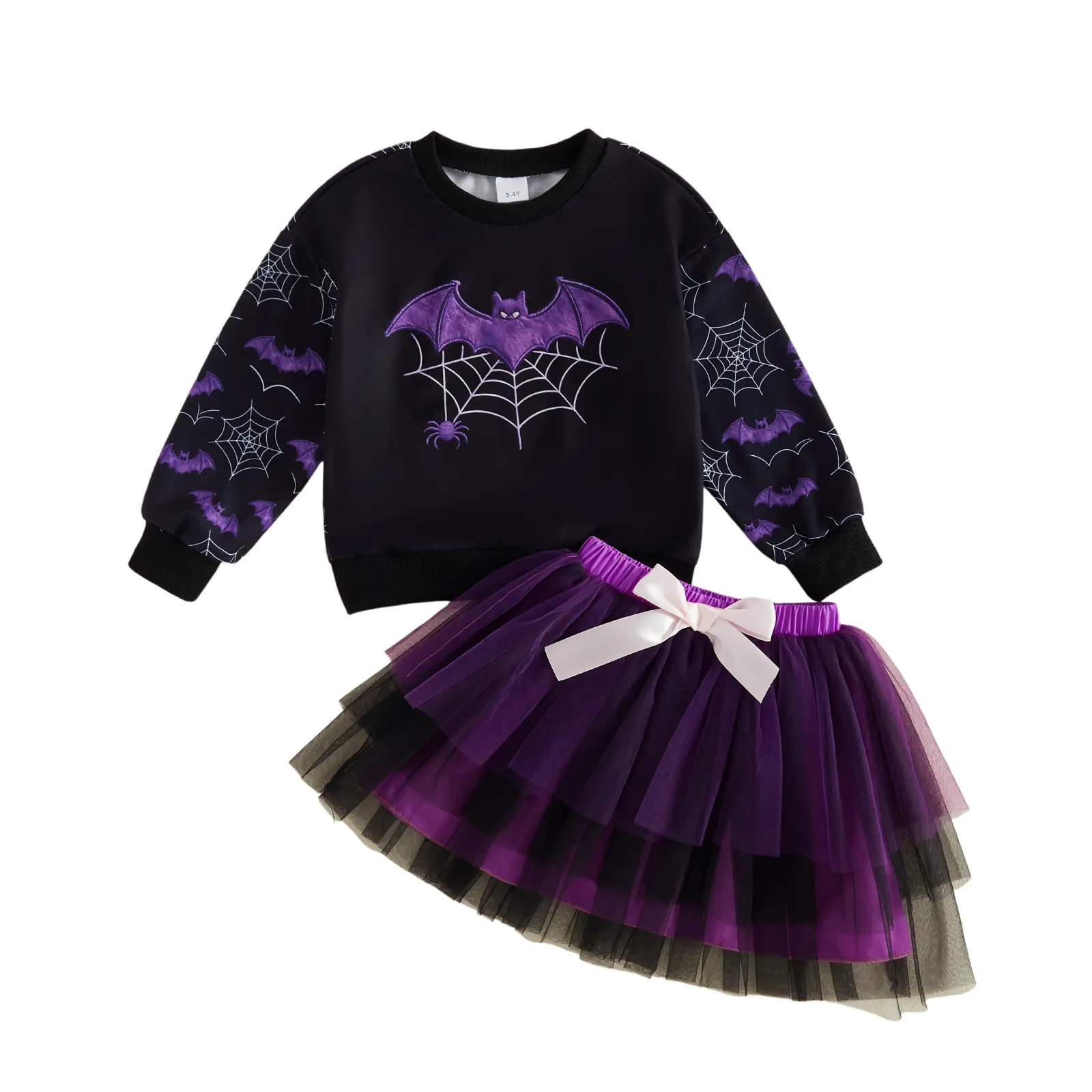 Canrulo Toddler Baby Little Girls Halloween Clothes Long Sleeve Bat Spider Web Print Sweatshirt with Tulle Skirt Fall Outfit 1-6 Years