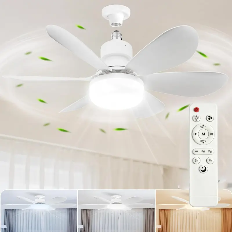 Ceiling Fan with LED Lights, E27 40w Noiseless Ceiling Lamp, 3 Color Dimmable LED, 3 Speeds, Remote Control, Bedroom Living Room Dorm