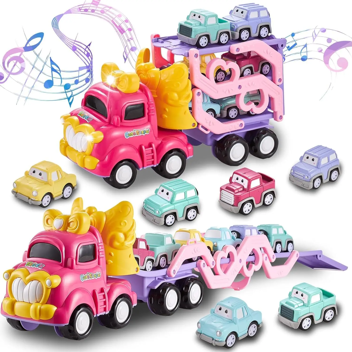 Sciencow 7-in-1 Pink Princess Foldable Truck, Plastic Push-Pull Ride-on Toy with Flashing Lights & Music, Toddler Princess Themed Gifts for 1-5 Year Old Girls