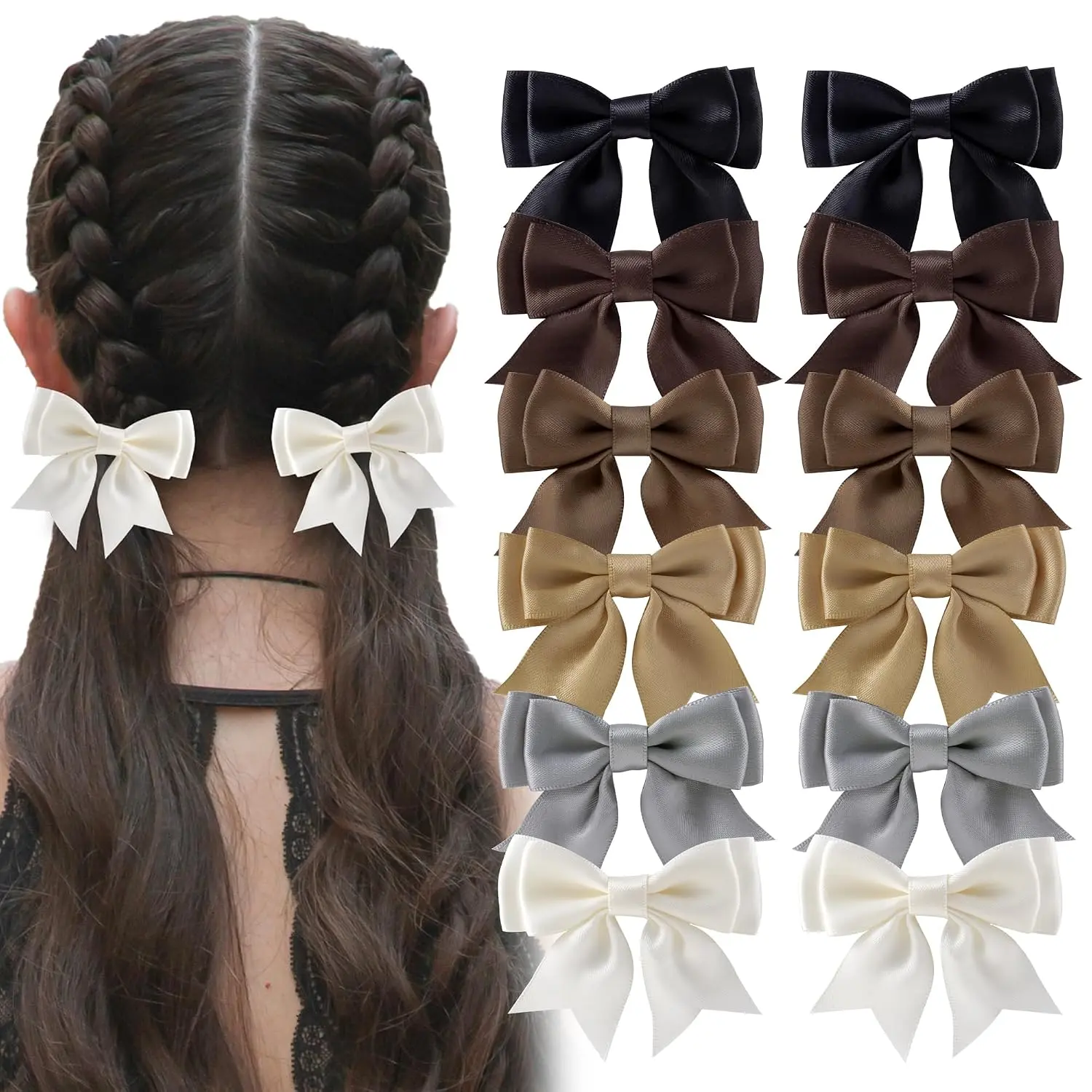 12 count Hair Bows Clips for Women Silky Satin Cute Bow Clips for Girls Short Tail Hair Ribbon  Barrettes  Hair Accessories(Black/Beige/Grey/Khaki/Coffee)