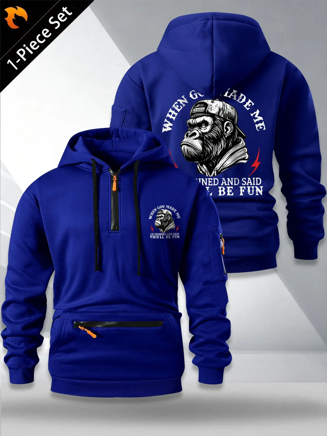American Style Gorilla Hoodie for Men, Loose Fit Half-Zip Sweatshirt, Multiple Pockets, Knit Material, Fall & Winter Streetwear