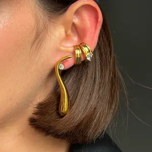 Main Character Energy Liquid Metal 2 Piece Ear Cuff Hook Set Glowing Gold Molten Waterdrop Earring Y2K Baddie Aesthetic Cyber Punk Festival Jewelry Gift For Her