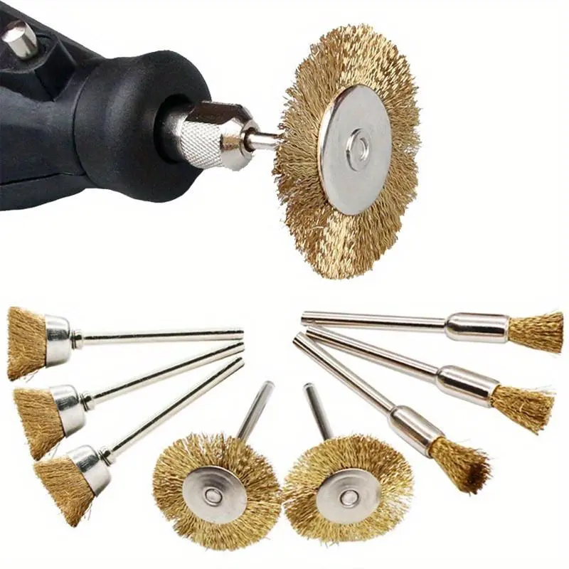 9pcs Steel Wire Brass Brush Brushes Rotary Tool Electric For Drill Polishing Grinding Wheel T-shaped Brush Accessories