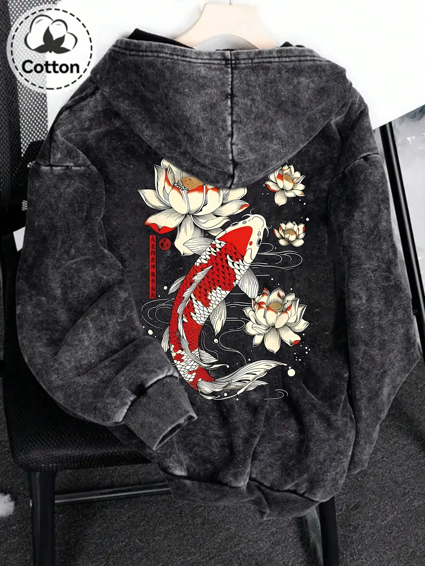 Eastern Zen Lucky Koi Lotus Print Hoodie, Thick Soft Cotton, Unisex Casual Wear, Fall Winter Couple, Urban Commute, Daily Layering