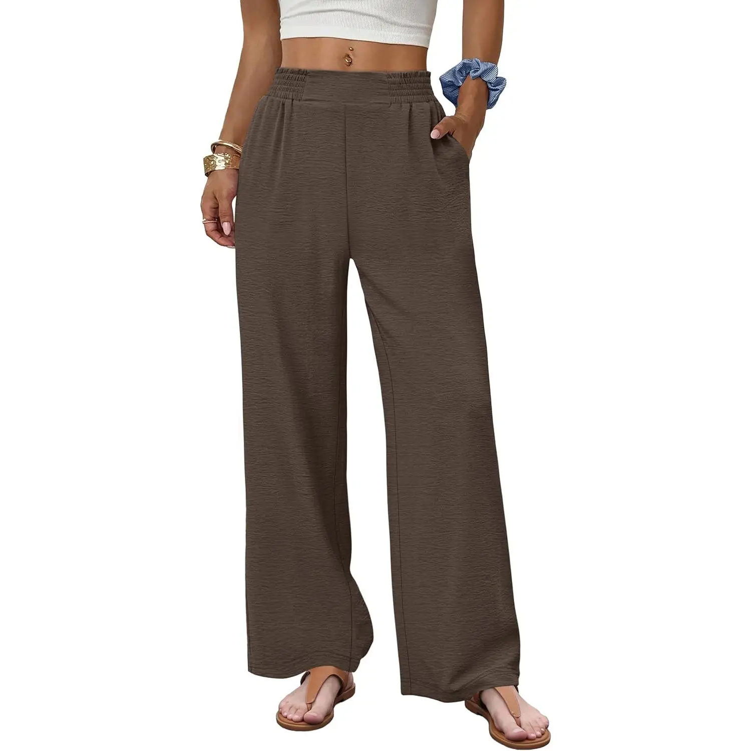 Women's Petite High-Waisted Wide Leg Pants - 2026 Flowy Palazzo Trousers with Pockets, Dressy, Smocked, Lightweight, Breathable, Casual Summer Beach Outfits, Bottom, Hats, Business