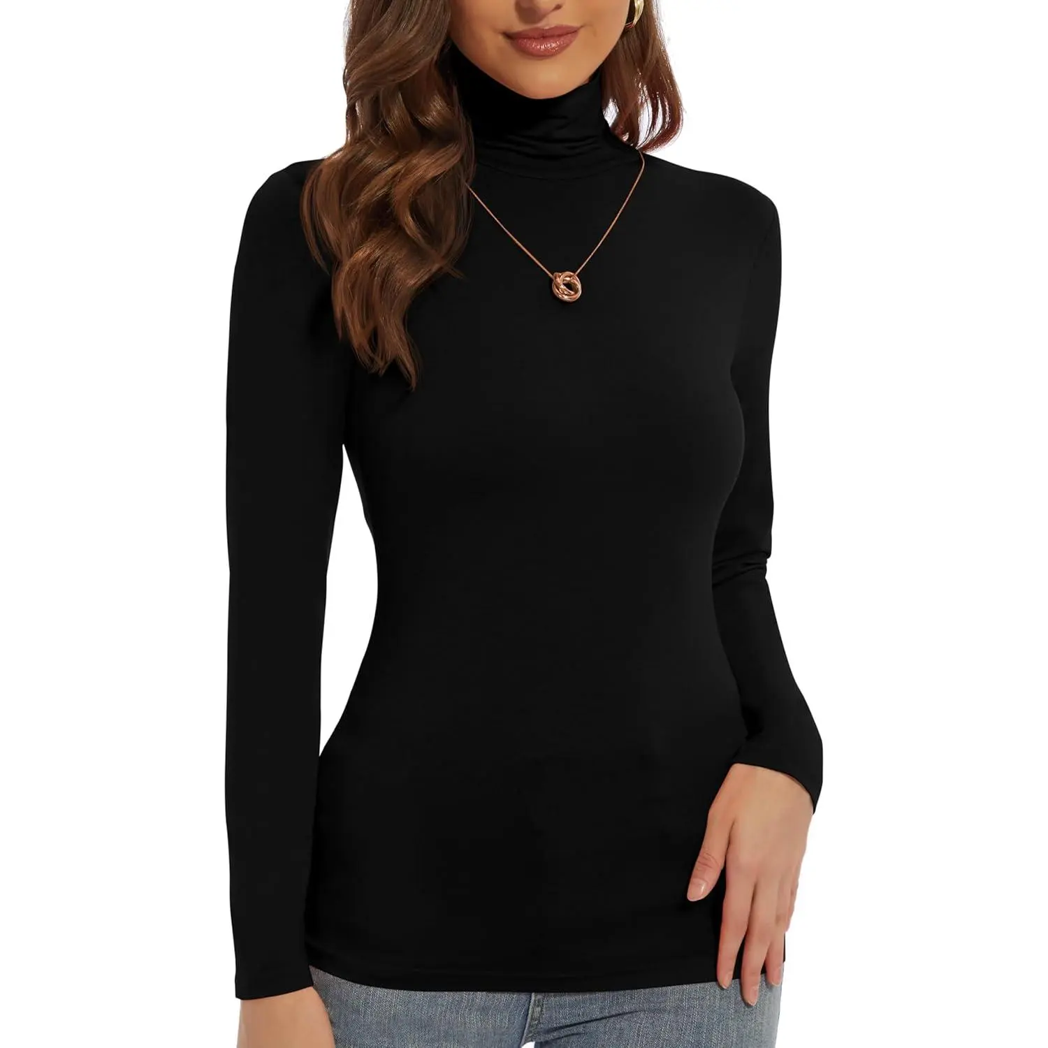 Women's Basic Turtleneck Long-Sleeve Style Tshirt, Slim-Fitted Lightweight Comfortable Lady's Base Layer Casual Top