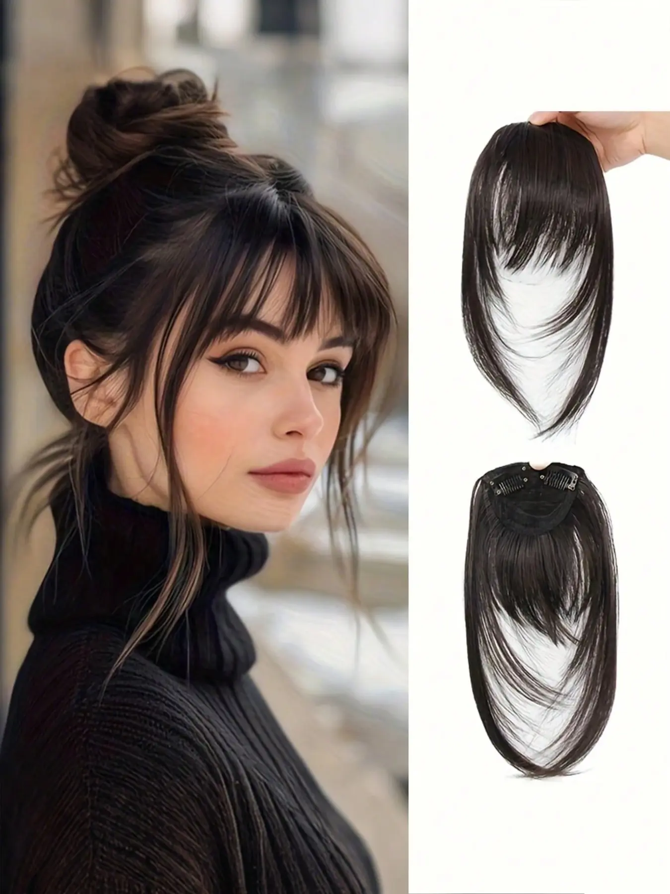 Clip in Bangs, French Fake Bangs Hair Clip for Women Synthetic Dark Brown Natural Curtain Fringe with Temples Hairpieces for Daily Wear