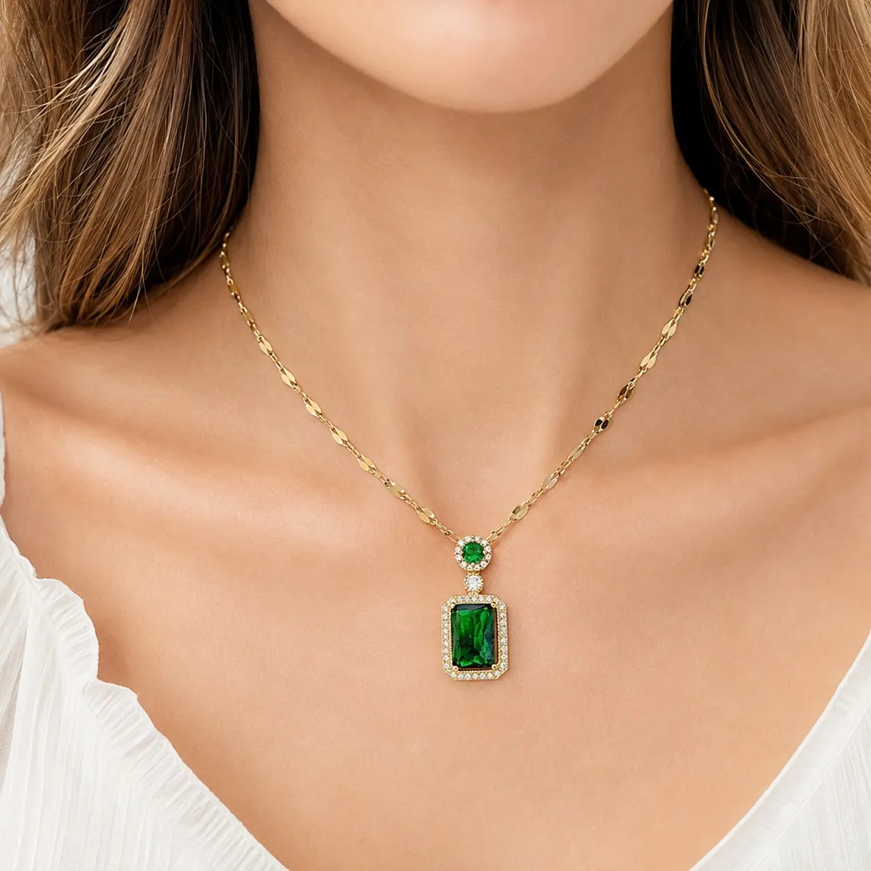 Women’s Rectangular Colored Stone Pendant Necklace – Gold-Tone Copper Halo Necklace, Green Red Blue Elegant Jewelry