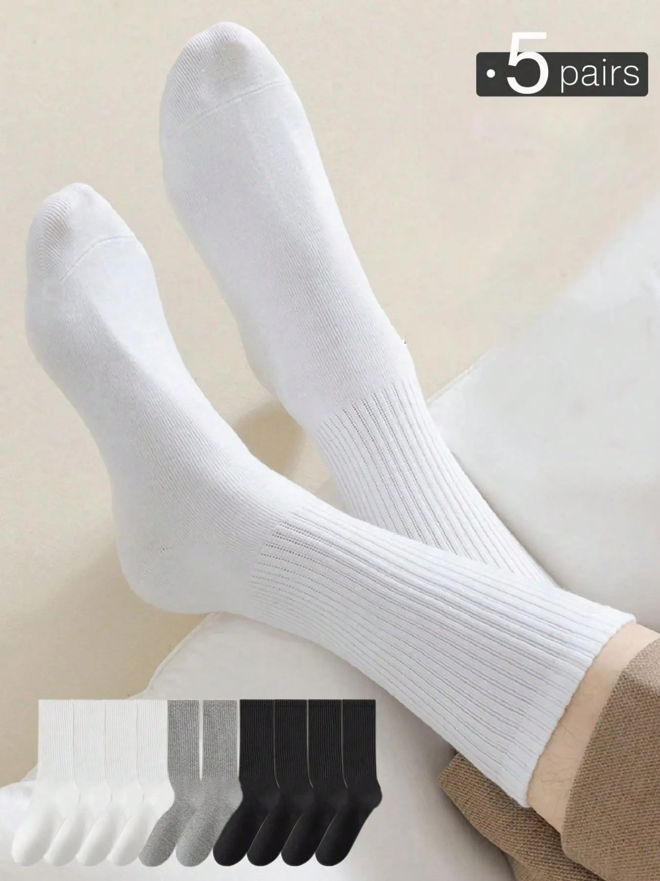 5 Pairs Men's Socks, Comfortable Solid Mid-Calf, All-Season Wear, Soft Sweat-Wicking Odor-Resistant, Casual Sport Socks