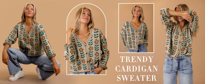 Saodimallsu Womens Floral Print V Neck Cardigan Open Front Button Down Knit Sweater Long Sleeve Loose Fashion Tops