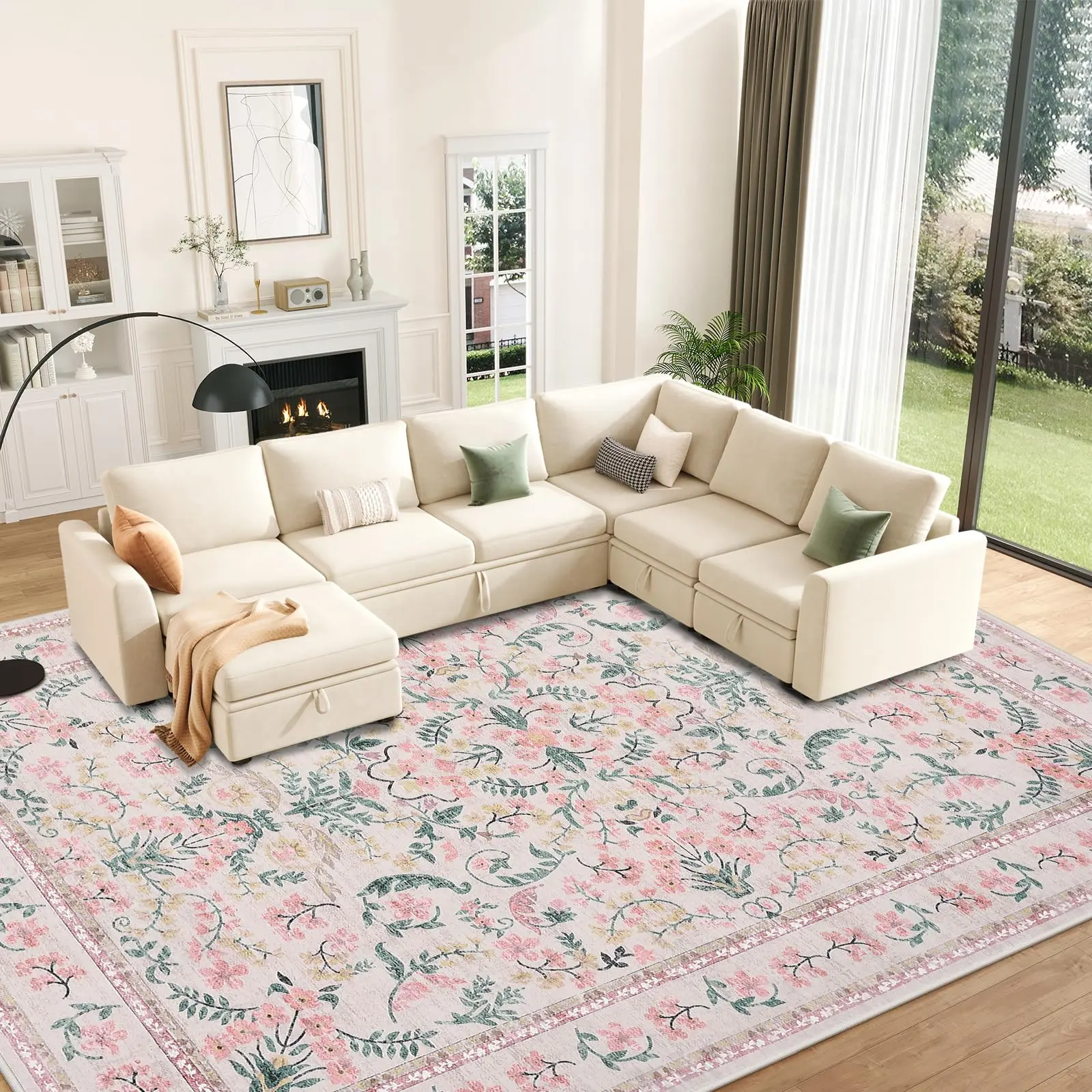 Garvee Area Rug 10x13 for Living Room, Washable Non Slip Low Pile Rugs, Floral Soft Carpet for Living Room, Bedroom, Dining Room, Pink