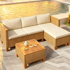 Wicker Outdoor Patio Furniture Set Patio Chaise Longue Conversation Set, Rattan Sofa Couch with Acacia Wood Coffee Table for Deck Porch and Garden,DealsForYouDays