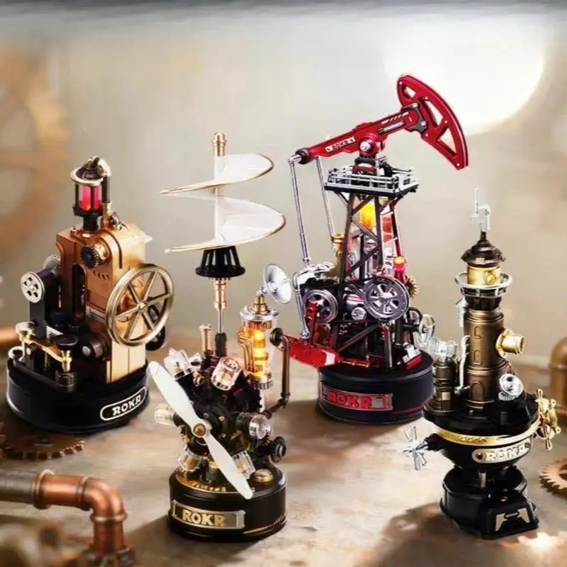 DIY Building Model Industrial City Oil Pumping Machine Model Assembly Kit Oil Rig Model with Lights Desktop Decor Movable Model Birthday Gift