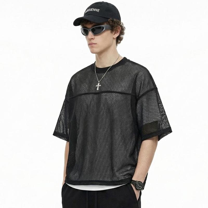 Unisex Boxy Fit Black White Mesh T Shirt for Mens 260G Heavyweight Vintage Streetwear Crop Top Breathable Layering Tee