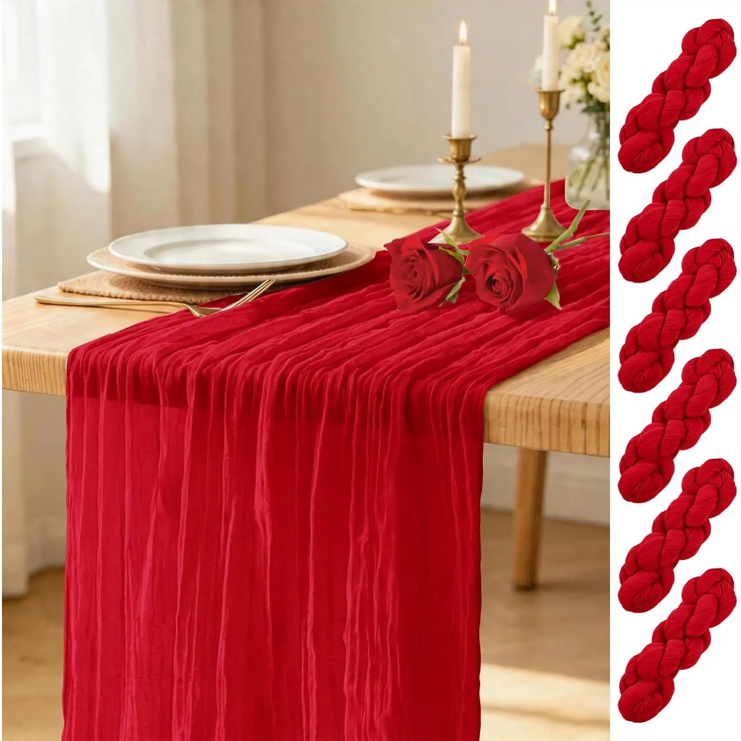 6 Pack Red 17 x 108inch Cheesecloth Boho Gauze Table Rustic Sheer Cheese Cloth Table for Wedding Bridal Baby Shower Summer Table Decor