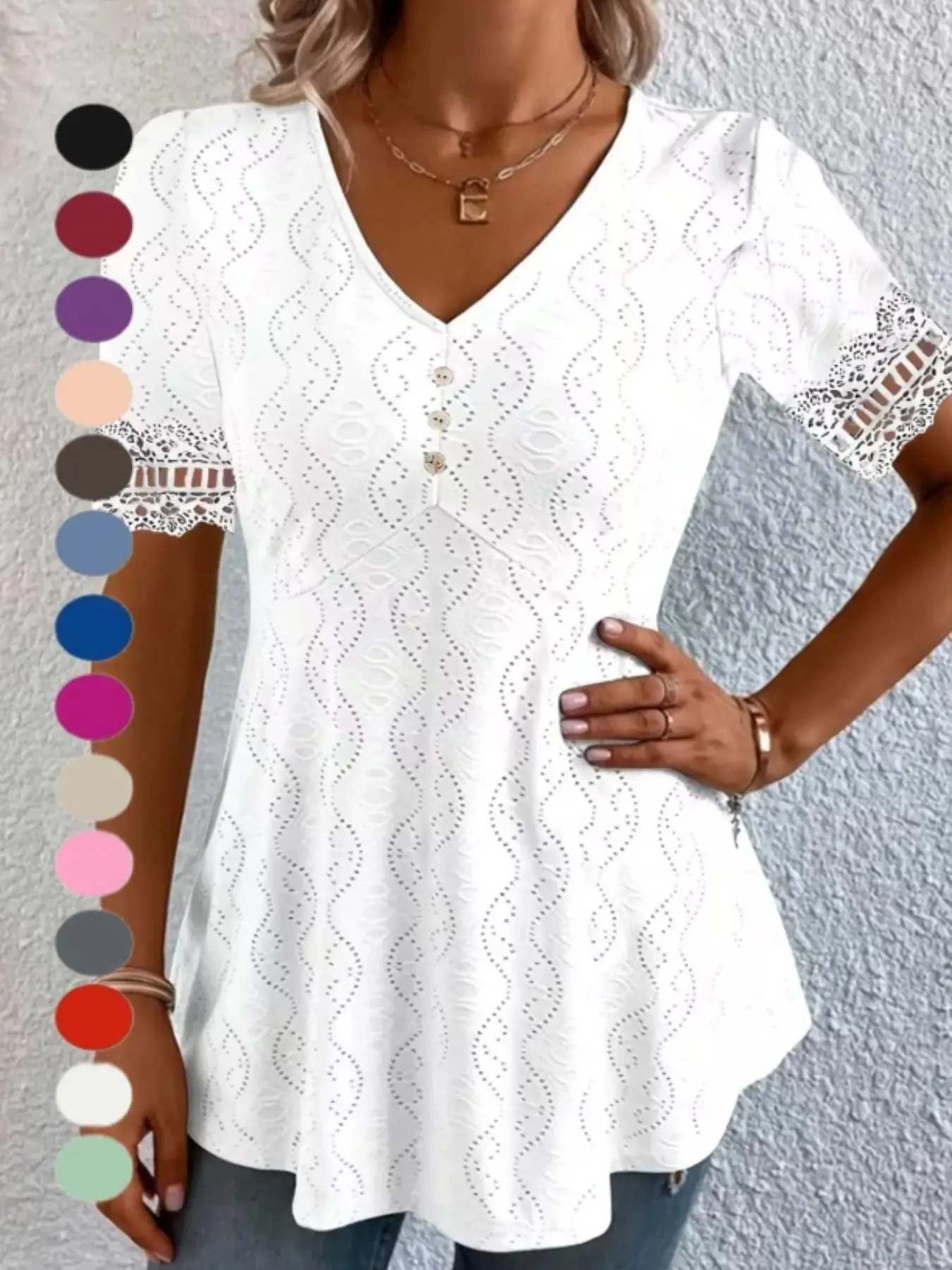 2026 New Summer Women's V Neck Embroidered Lace Hollow Out Waist Top, Short Sleeve T-Shirt, Casual Loose-Fitting, All Seasons
