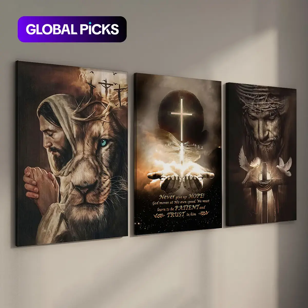 3-Piece Wood Framed Canvas Religious Wall Art, Ready to Hang, Salvation & God Series, Waterproof Canvas, Cross Bible Print Religious Wall Decor Picture for Home Walls Gallery Wall Decor #GLOBAL PICKS