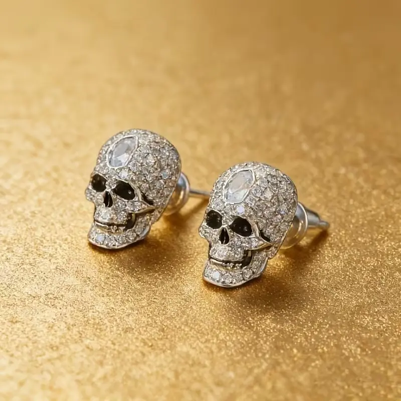 2pcs Glittering Artificial Zircon Skull Earrings, Design, Unisex Fashion Jewelry, Nightclub Date Daily Wear