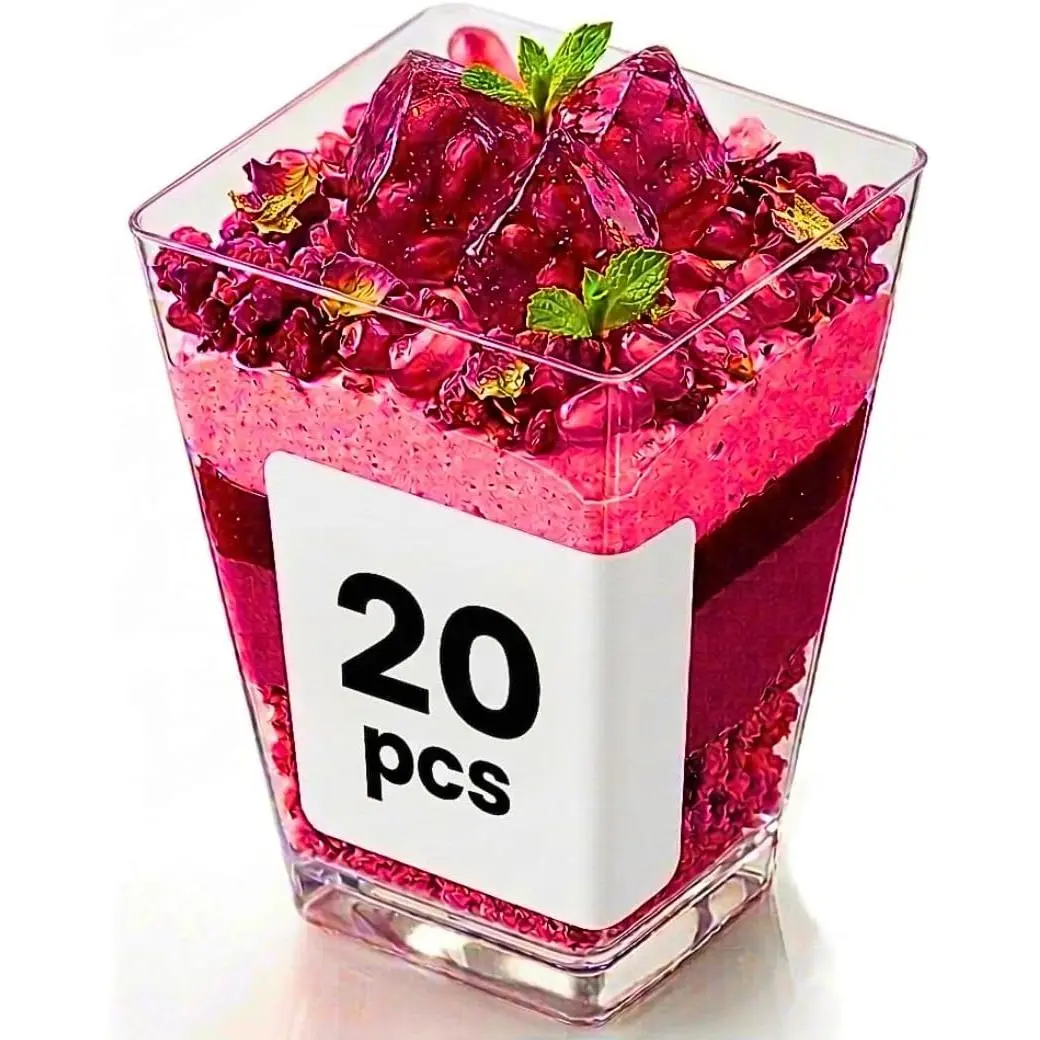 20 Pack 5oz Plastic Dessert Cups, Mini Parfait Cups, Shooter Cups | 20 clear plastic cups only, no  or spoons. 5oz mini cheesecake, tiramisu and dessert shooter cups. Vasitos para postres.