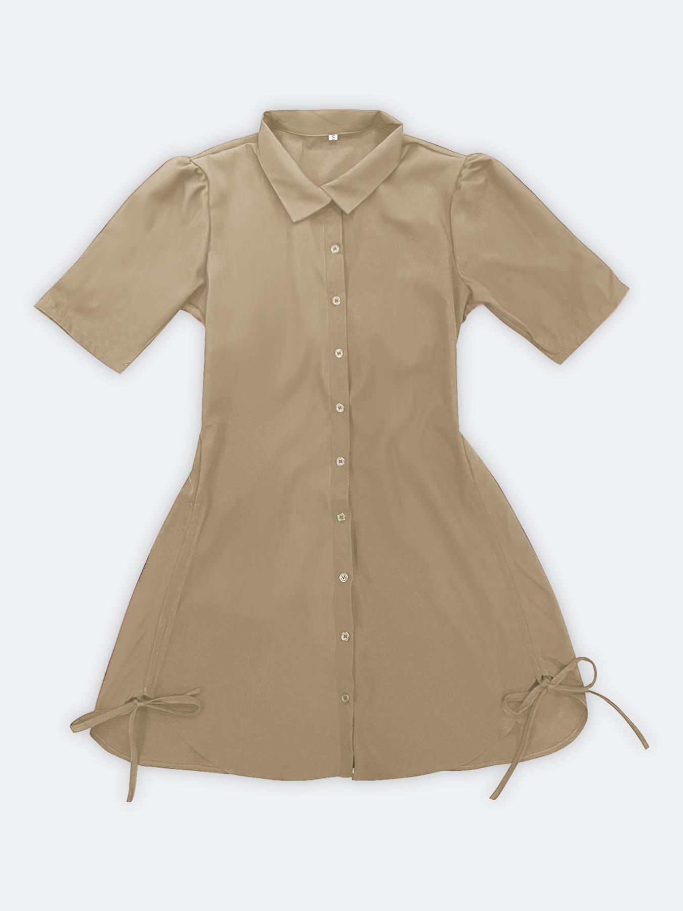 Women's Solid Color Shirt Collar Button Front Dress, Casual Short Sleeve Curved Hem Dress for Daily Wear, Ladies Clothes for Spring & Fall