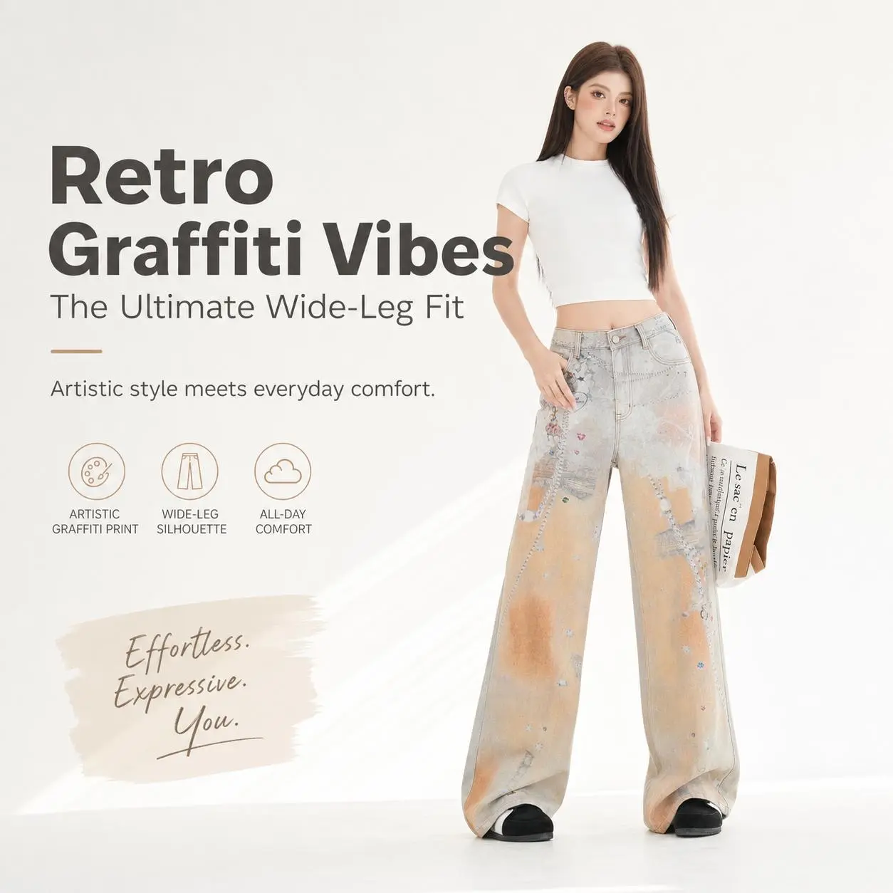 Women Vintage Gradient Tan Wash Graffiti Print Wide Leg Jeans, High Waist Art Painting Loose Full Length Denim Trousers