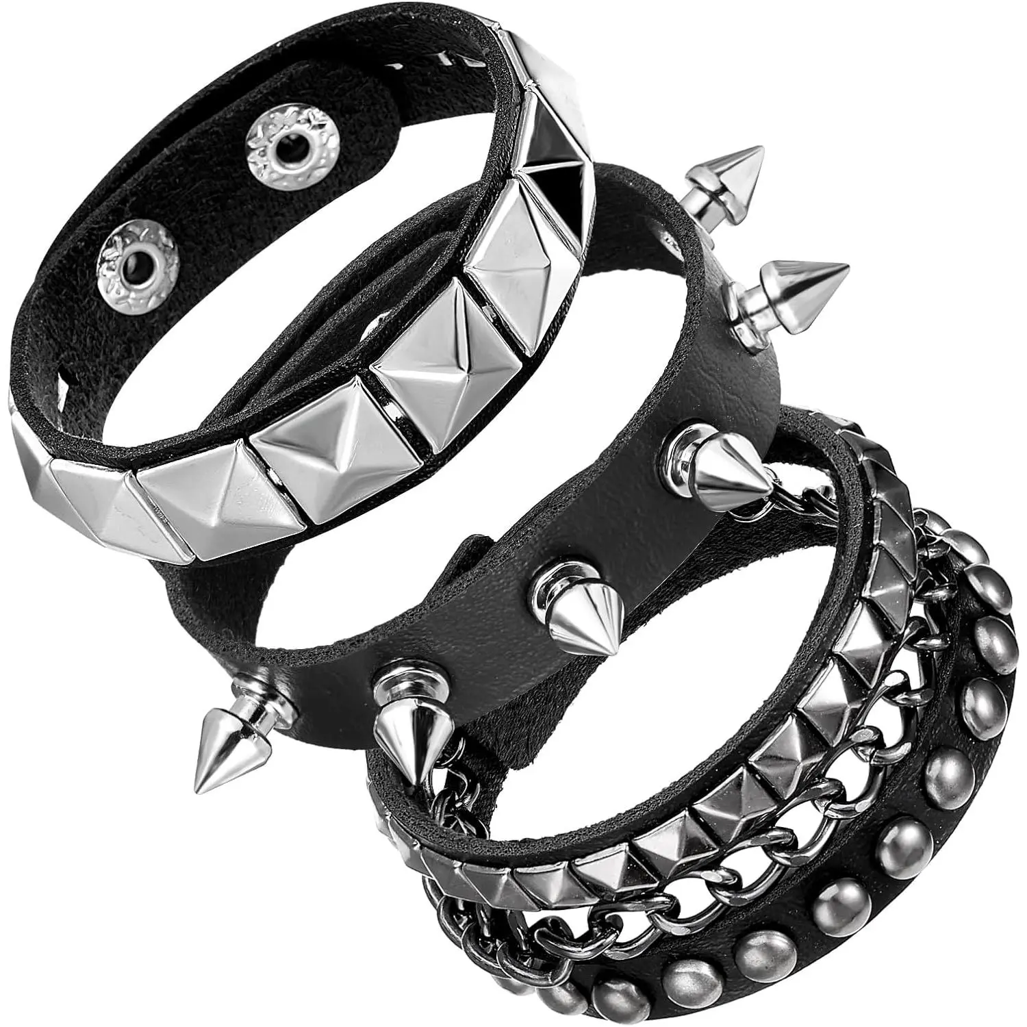 3 count Punk Bracelets, Leather Studded Bracelet Cuff Adjustable Goth Bracelets Spike Bracelet Emo Bracelets for Men Women 80s Wristband Goth  Halloween Emo Accessories (Style B)