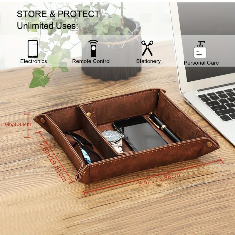 Vintage-Style Brown PU Leather Durable Valet Tray Organizer et90173 - Multifunctional Tabletop Storage with 2 Compartments, Snap Corners, Water-Resistant, Scratch-Proof for Jewelry, Keys, Wallet - Ideal Gift for Men, Desktop Storage