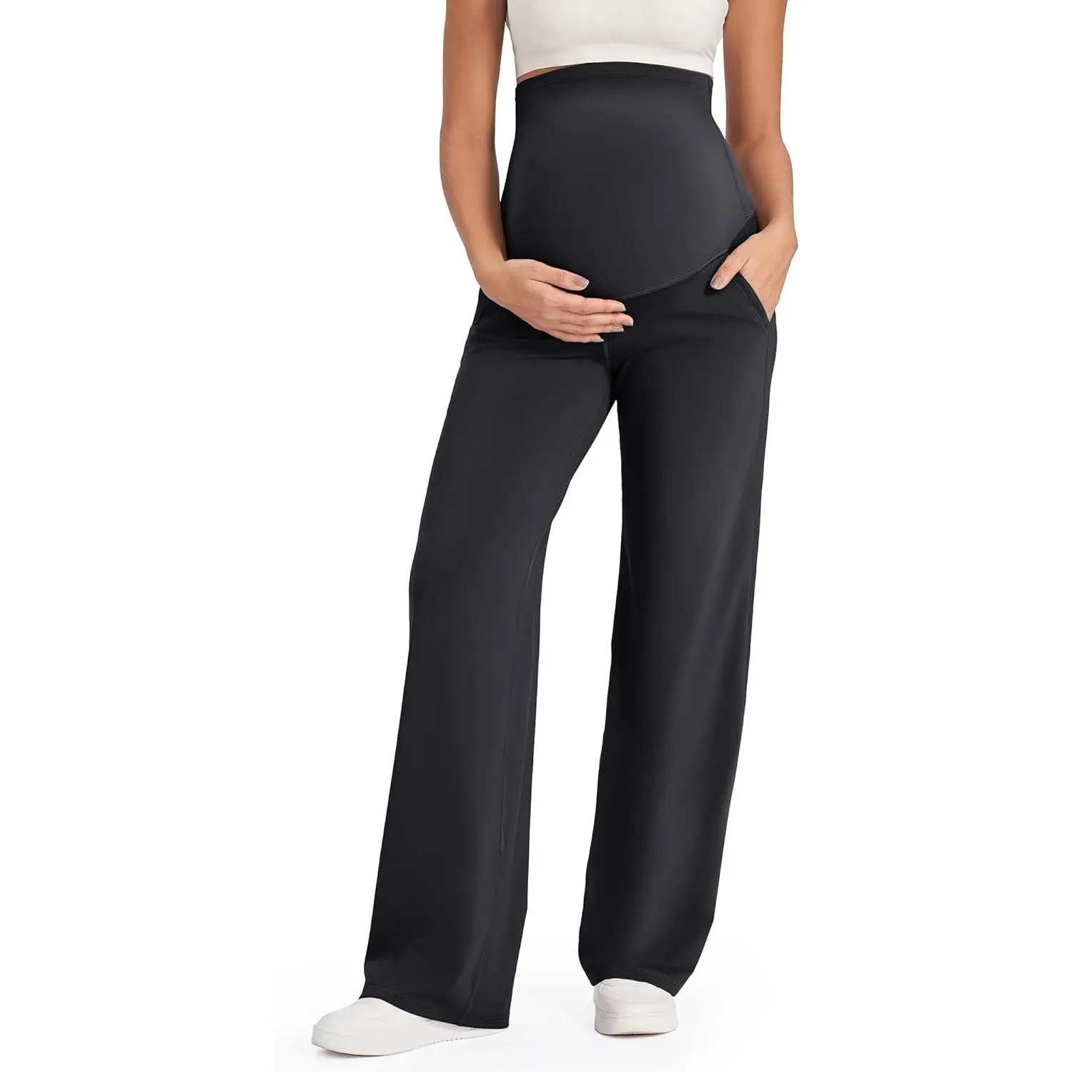 Maternity Pants Over the Belly Pregnancy Work Trousers | Highly Stretchy,Two Side Pockets,Wide Leg,Full Belly,Sleek Soft,Slightly Brushed,for Dress Yoga Casual