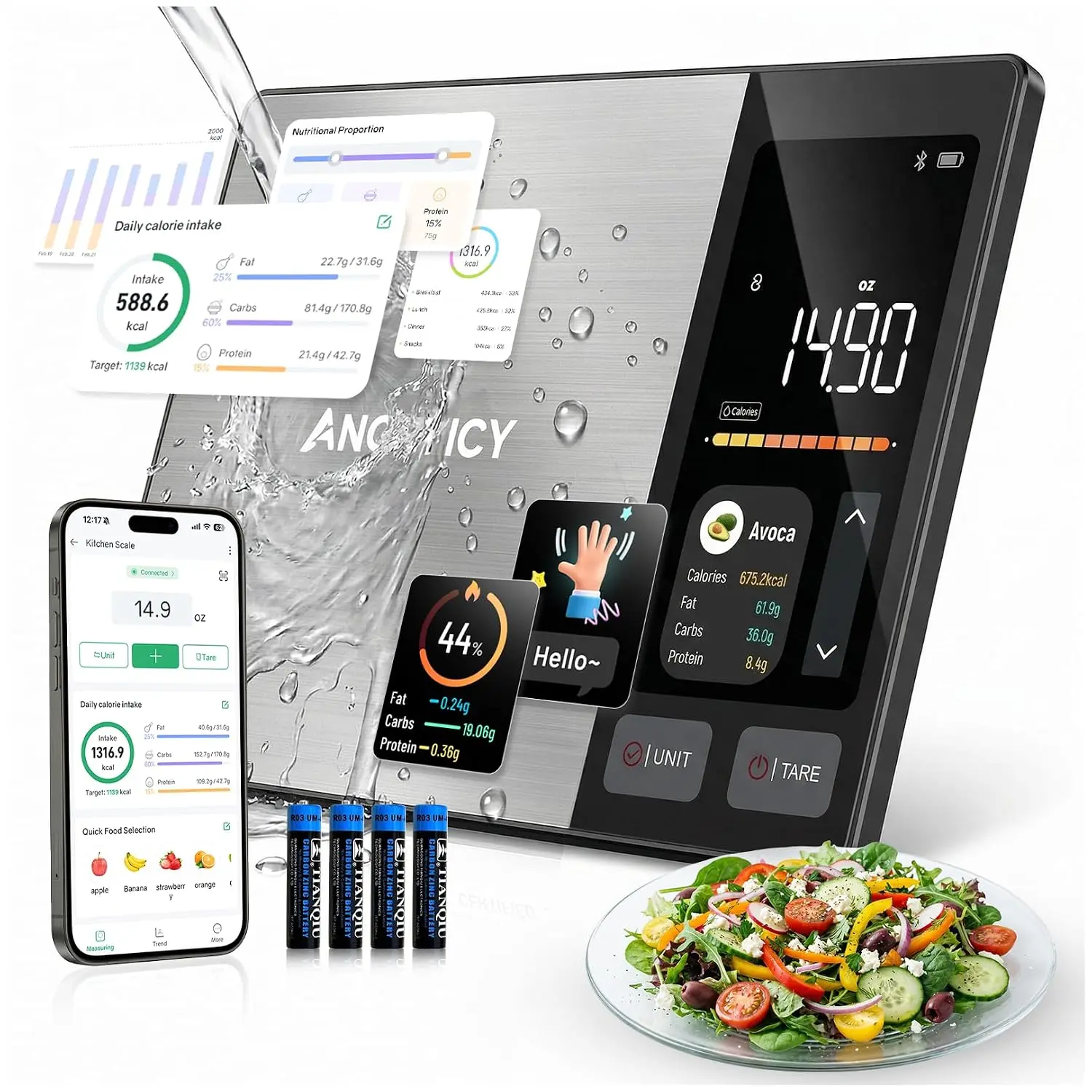 Food with Nutritional Calculator, Free APP with 24 Nutrients Tracking, Calorie, Macro, Stainless Food for Meal Prep Weight Loss, Grams/Ounces, 11lb Capacity