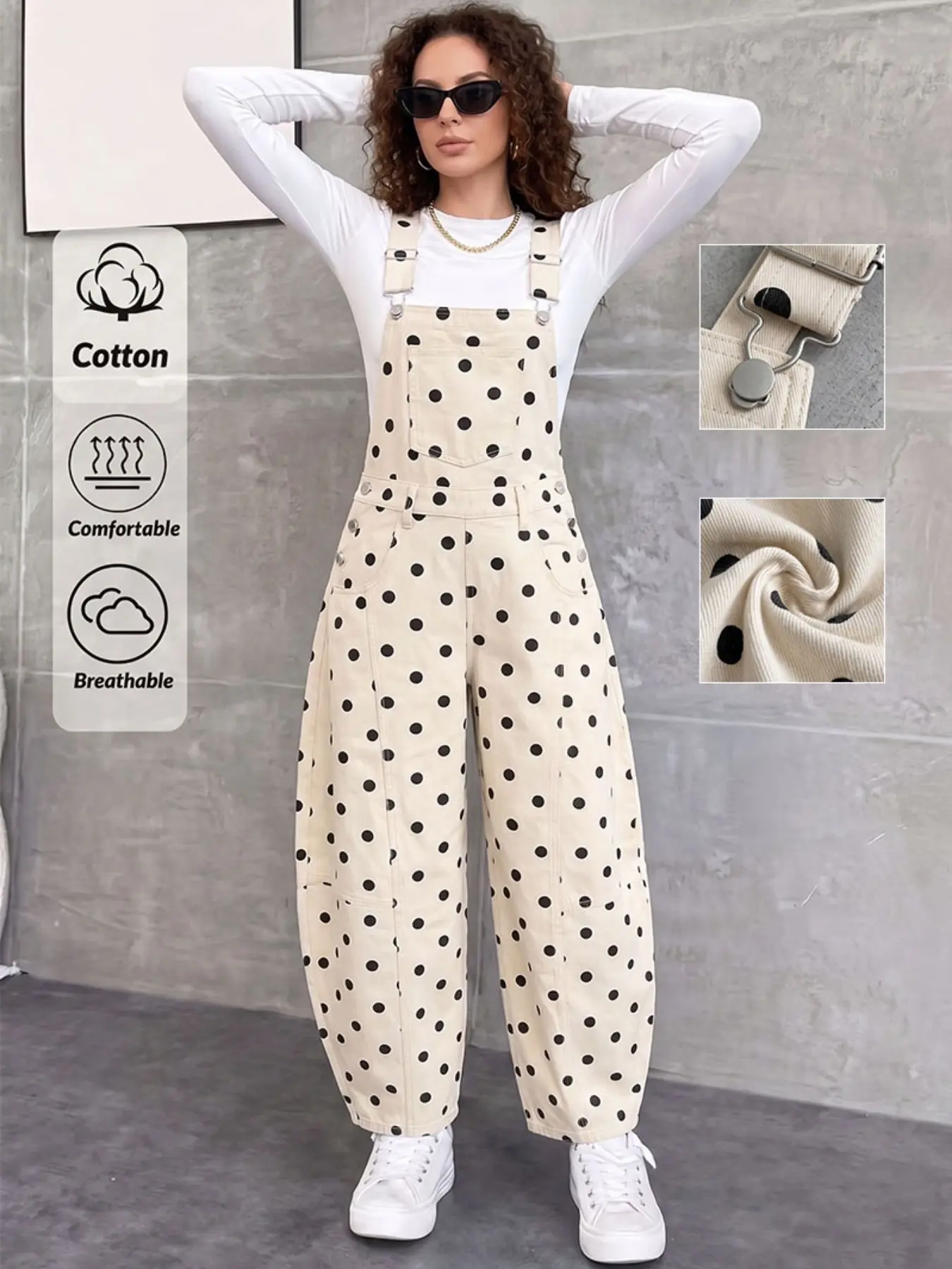 Molypark Women's Polka Dot Denim Jumpsuit, Y2K Retro Loose Fit Adjustable Straps, Casual Streetwear for All Seasons