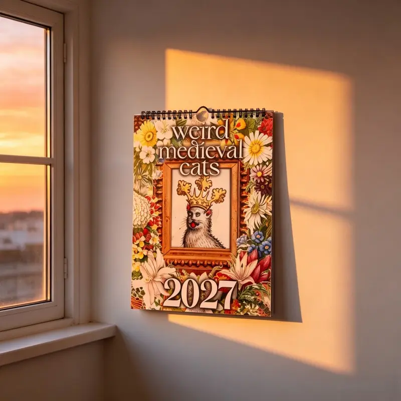2027 Medieval Cat Wall Calendar, Spiral Bound Vintage Art Monthly Planner, Floral Border Decor, Funny Gift for Cat Lovers