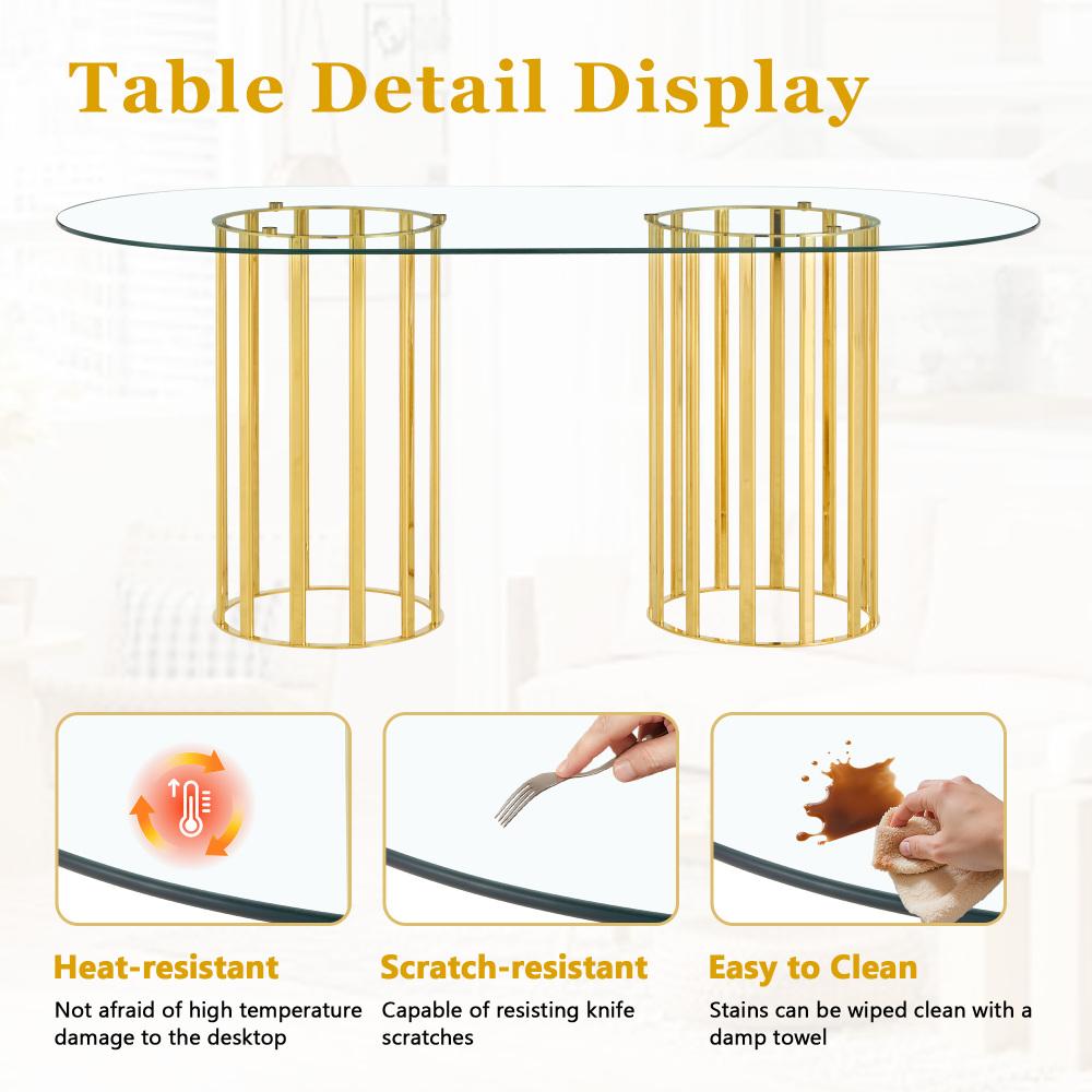 71 inch oval tempered glass dining table,black double column light luxury style,tempered glass scratch resistant and easy to clean.Suitable for 6-8 people dining, modern light luxury restaurant table. 71 inch oval tempered glass dining table,black double column light luxury style,tempered glass scratch resistant and easy to clean.Suitable for 6-8 people dining, modern light luxury restaurant table.