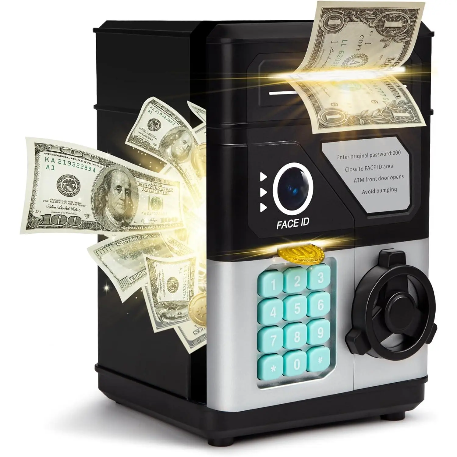 Kids Piggy Bank for Boys Girls, Safe Mini ATM Money Box with Password & Face ID Simulation, Christmas for 4-12 Year Old, Coin Bank