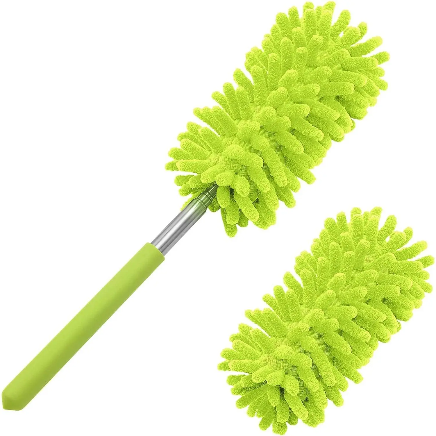 Tukuos Microfiber Duster - Detachable, Extendable Pole, Hand Washable with 2 Replaceable Heads, Cleaning Tool for Office, Car, Ceiling Fan (Green)