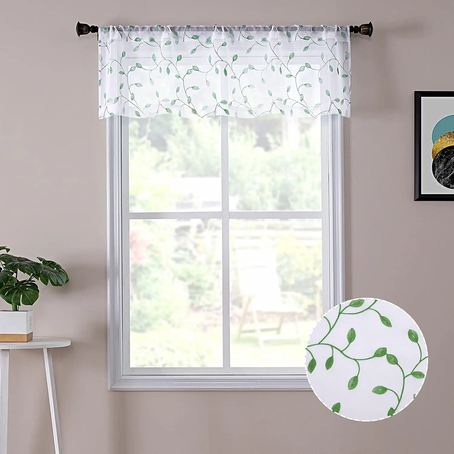 Leaves Sheer Valance Curtains Green Leaf Embroidery Bedroom Curtain Rod Pocket Voile Curtains for Living Room, 54 x 16 inches Long, Set of 1 Panel