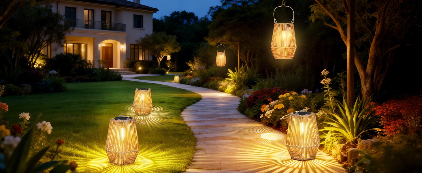 2 Pack Solar Lanterns Outdoor Waterproof, Hanging Rattan Woven Solar Lights with Auto On/Off, Decorative Gifts for Garden, Yard, Patio, Tree, Porch, Lawn, Pathway & Outside Tabletop Decor