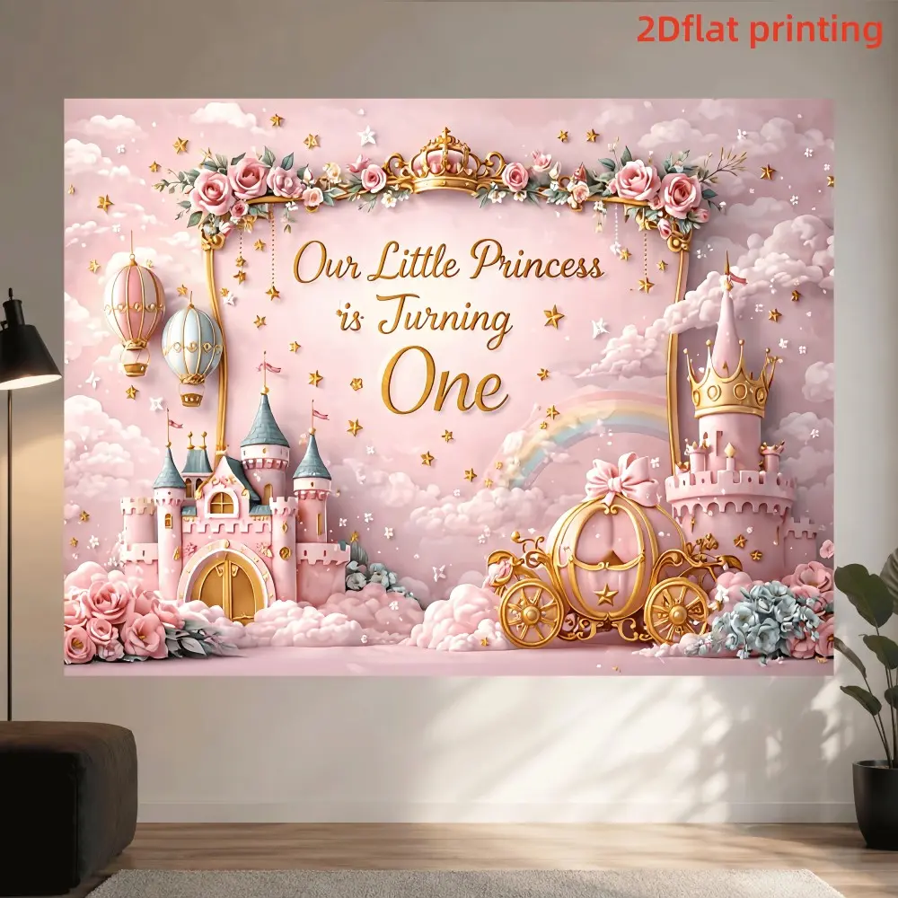 1PC 2D Flat Pink Castle Pumpkin Carriage Crown Little Princess 1st Birthday Party Backdrop, Polyester Fabric Photography Background Cloth, Suitable for Living Room Bedroom Office, Birthday Anniversary Home Decor Indoor Outdoor Party